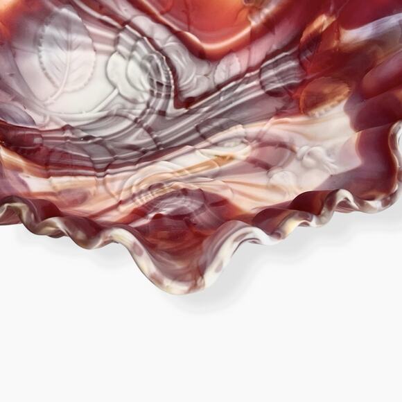 Imperial Glass Red Slag Bowl Crimped Edge Roses Marbled Swirl Colors 60s Vtg 9" - Picture 13 of 16